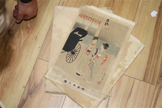 A group of eighteen Japanese woodblock prints, unframed, 36 x 24cm